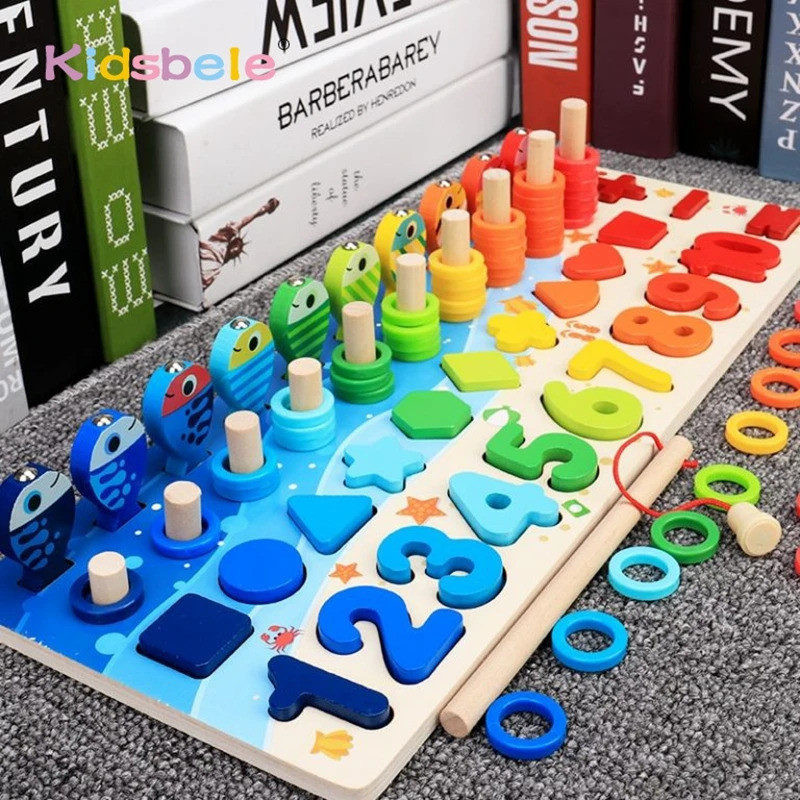 Kids Montessori Math Toys For Toddlers Educational Wooden Puzzle Fishing Toys Count Number Shape Mat