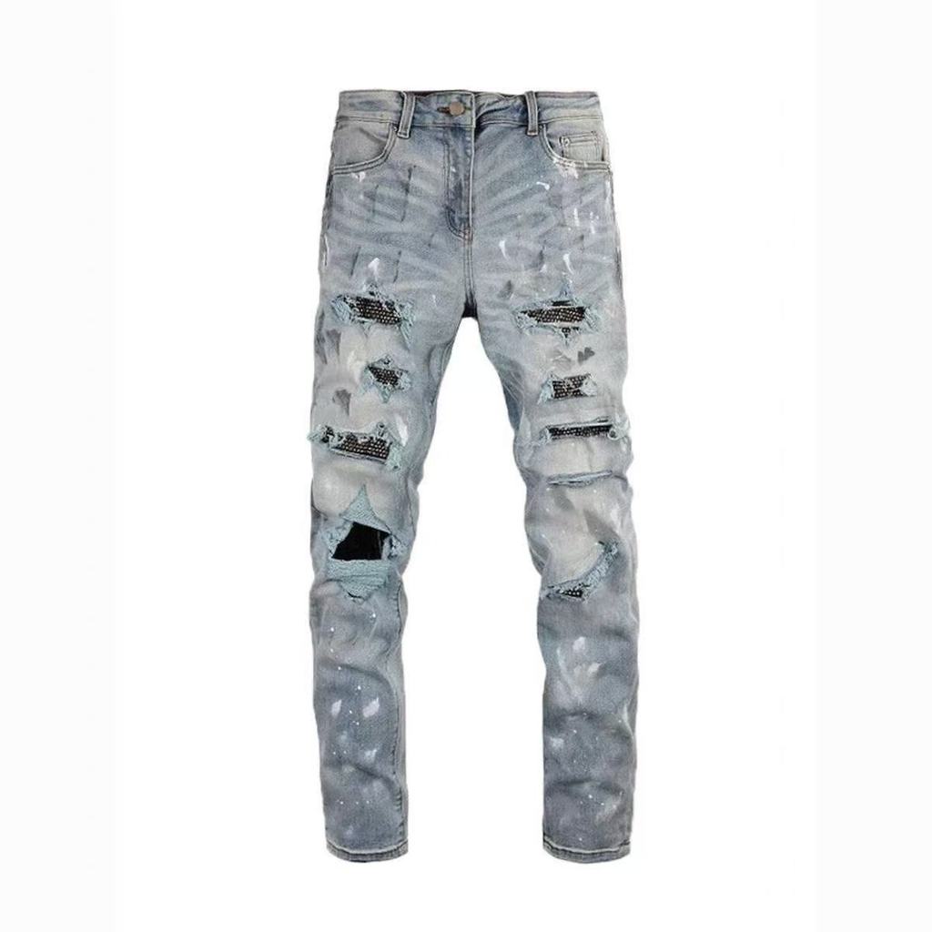 Amier High Street Fashion Boutique Good Things Men's Distressed Light Blue Ripped Micro-Elastic Slim