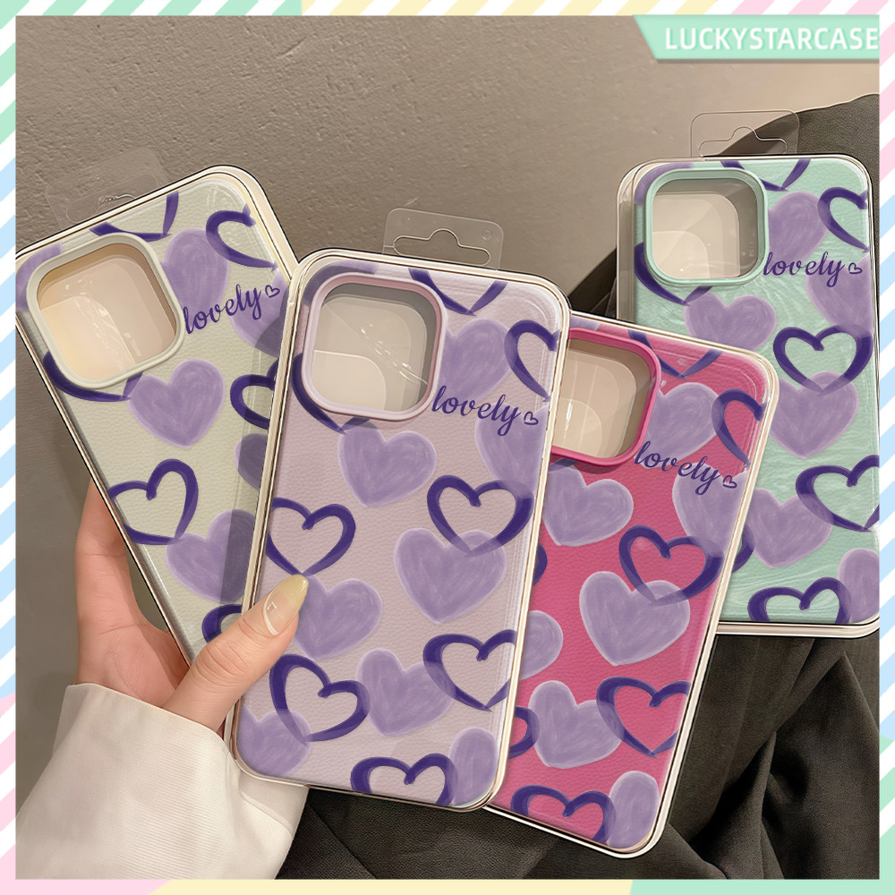 เคสโทรศัพท์ For iPhone 17 13 เคสนิ่ม TPU สีลูกกวาด หัวใจสีม่วง For iPhone 11 15 14 13 12 Pro max XS XR 7P 16 8 Plus Case