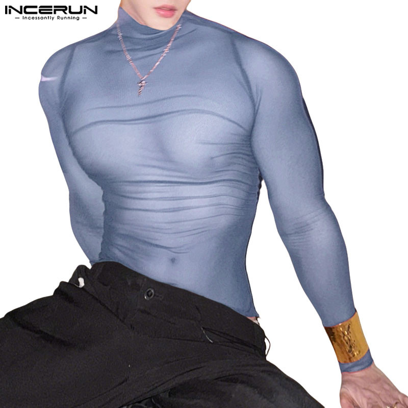 INCERUN สวมใส่ได้ทั้งชาย เสื้อคลับแวร์ปาร์ตี้สไตล์เกาหลี ครึ่งคอสูงแขนยาว มีรายละเอียดตาข่าย