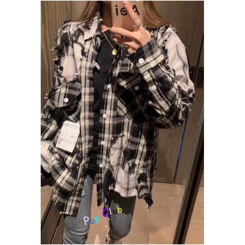 เสื้อแจ็คเก็ตแขนยาว MIHARA YASUHIRO แบบ_patchwork_ลายสก๊อตปลอม ดีไซน์ทันสมัย