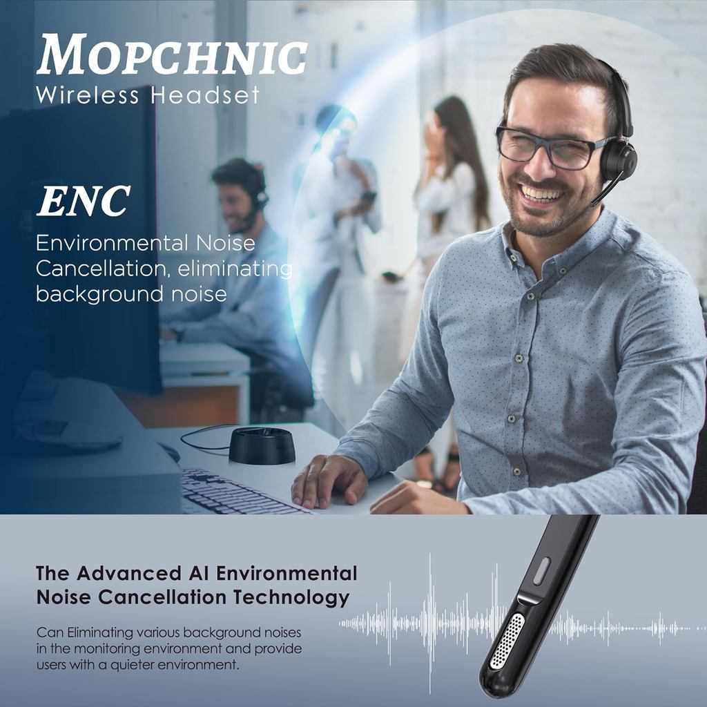 Bluetooth Headset, Wireless Headphone with AI Noise-Canceling Microphone for Computer, On Ear Blueto