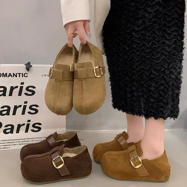Retro รอบ Toe Plus กํามะหยี่อบอุ่นสบาย SLIP-On รองเท้าไม่มีส้นฤดูใบไม้ร่วงฤดูหนาวสไตล์ใหม่ญี่ปุ่น Soft Sole สวมใส่ด้านนอก Anti-SLIP ทนต่อการสึกหรอสองสวมใส่รองเท้าขี้เกียจโรงงานขายส่งราคา