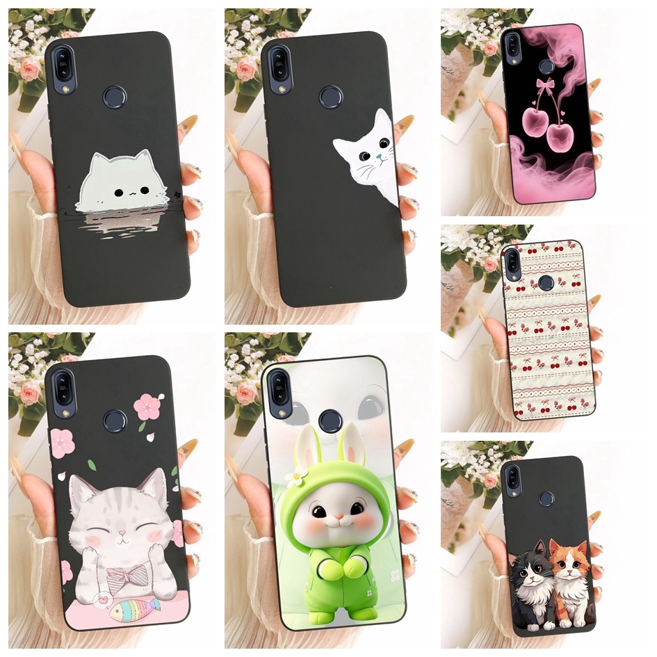 ปลอกสําหรับ Asus Zenfone Max Pro M1 ZB601KL ZB602KL เคสโทรศัพท์แมวน่ารักเชอร์รี่การ์ตูนปกอ่อนสําหรับ