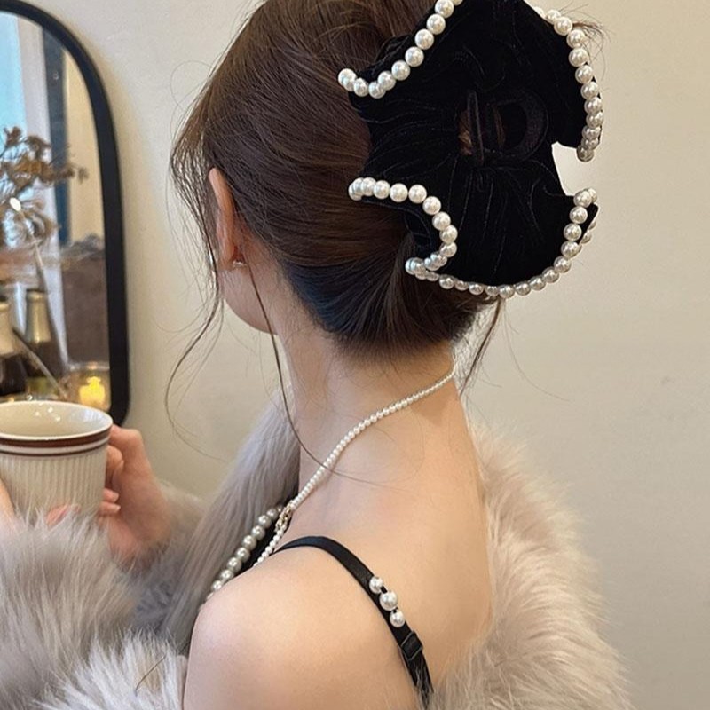 คลิปมุกกำมะหยี่สีดำสำหรับผู้หญิง พร้อมเครื่องประดับผมหรูหราแบบกิ๊บทอดผม ตกแต่งด้านหลังศีรษะ - รูปที่ 3