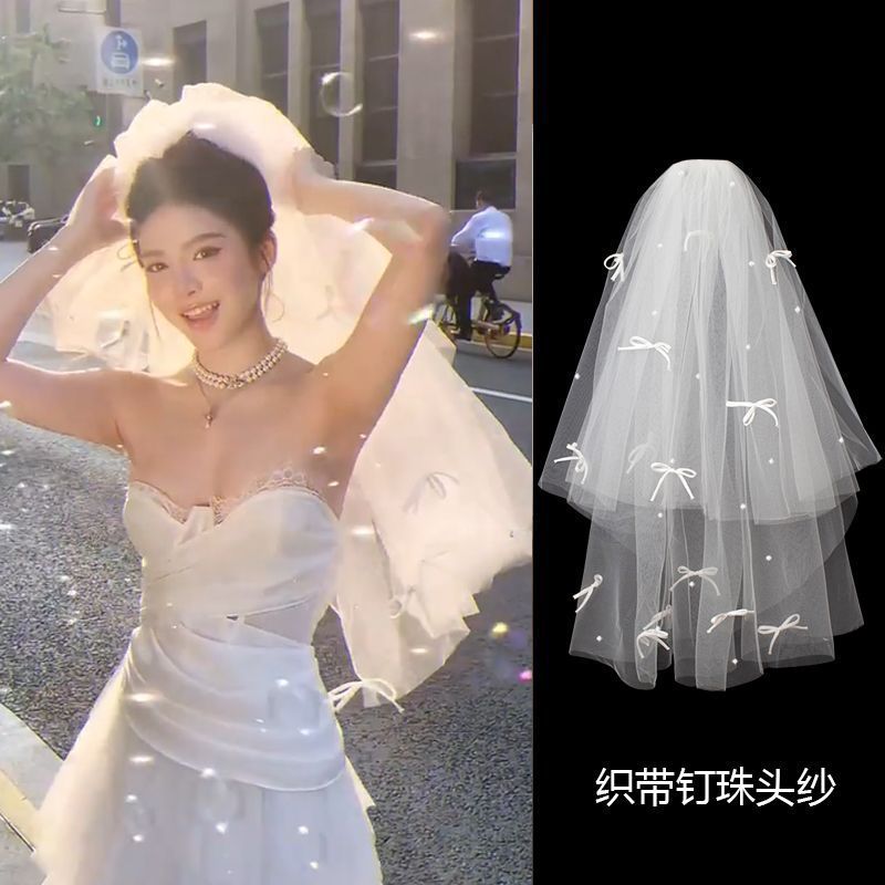 韩式新娘头纱头饰仙美小蝴蝶结珍珠发饰主婚纱造型可爱拍照配饰品Korean-style bridal veil headdress fairy beauty small bow Jane20251109