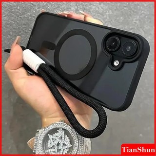 【พร้อมสายคล้องคอ】เคสชาร์จไร้สายซิลิโคนอะคริลิคแม่เหล็กแบบใสด้านหรูหราพร้อมสายคล้องคอ รองรับ iPhone 17 16 15 14 13 12 11 Pro Max AIR XR X XS Max 7 8 Plus กันกระแทกนุ่ม ขอบป้องกันแรงกระแทก เคสหลังแข็งโปร่งใส เรียบหรู
