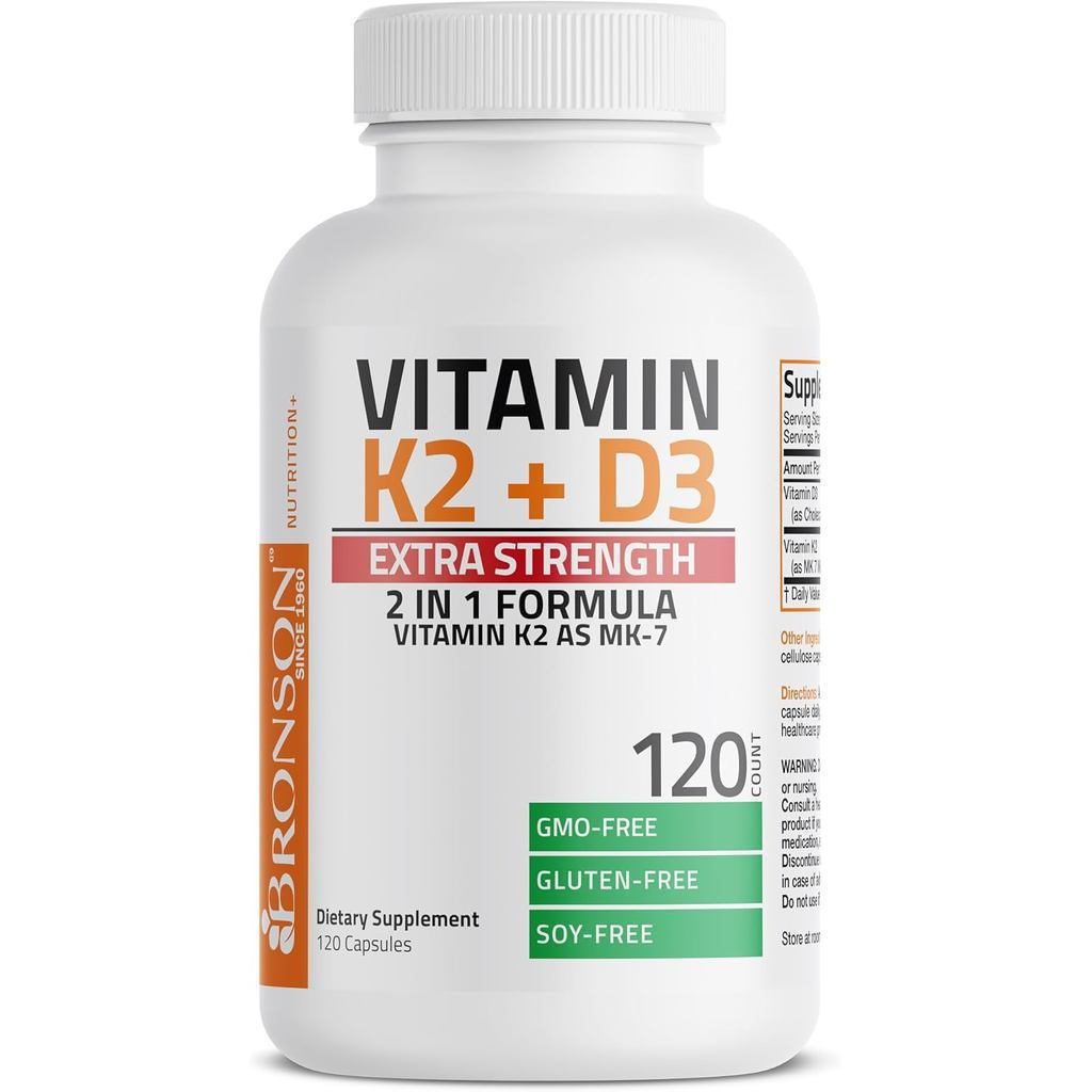 Bronson Vitamin K2 (MK7) พร้อม D3 เสริมความแข็งแกร่งเป็นพิเศษ สุขภาพกระดูกและหัวใจ สูตรไม่ใช่จีเอ็มโ