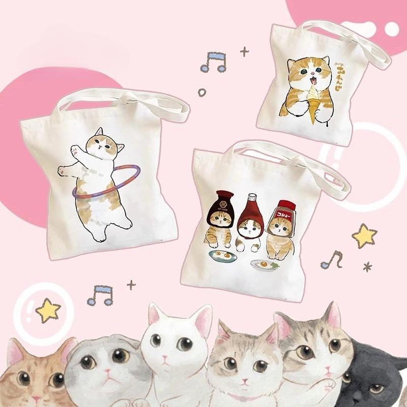 【จัดส่งจากกรุงเทพฯ】 กระเป๋าผ้ามินิมอล กระเป๋าถือ ผ้าแคสวาส 12 สกรีนลาย (แมวเหมียว) สุดน่ารัก กระเป๋า Tote Bag