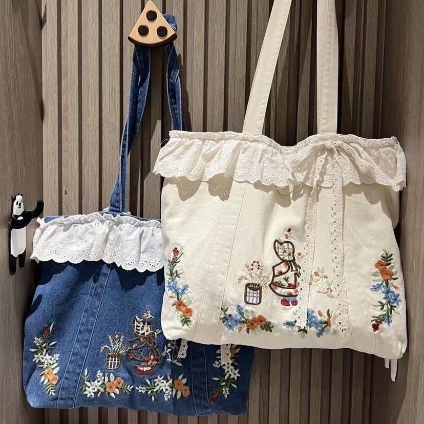คิ้วลูกไม้ปักลาย꽃 พร้อมสายผูกโบว์ สำหรับกระเป๋าสะพายข้างผู้หญิง