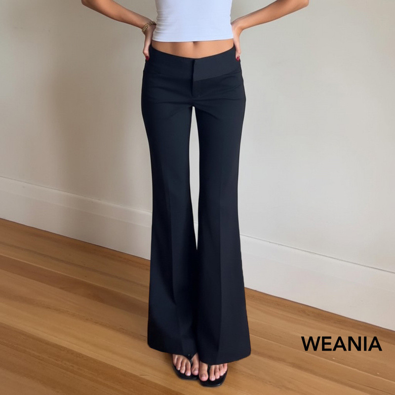 WEANIA กางเกงสูทสีทึบ ต่ำเอว ทรงฟลายเวด สบาย ๆ