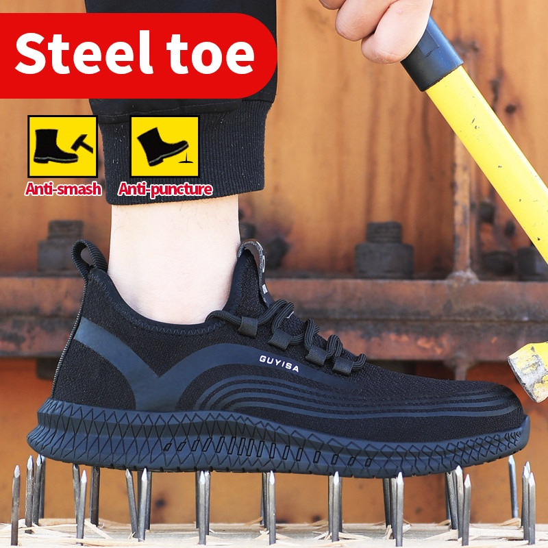 รองเท้าเซฟตี้ผู้ชาย Steel Toe Safety Shoes Rubber Sole สีดํา F7R9