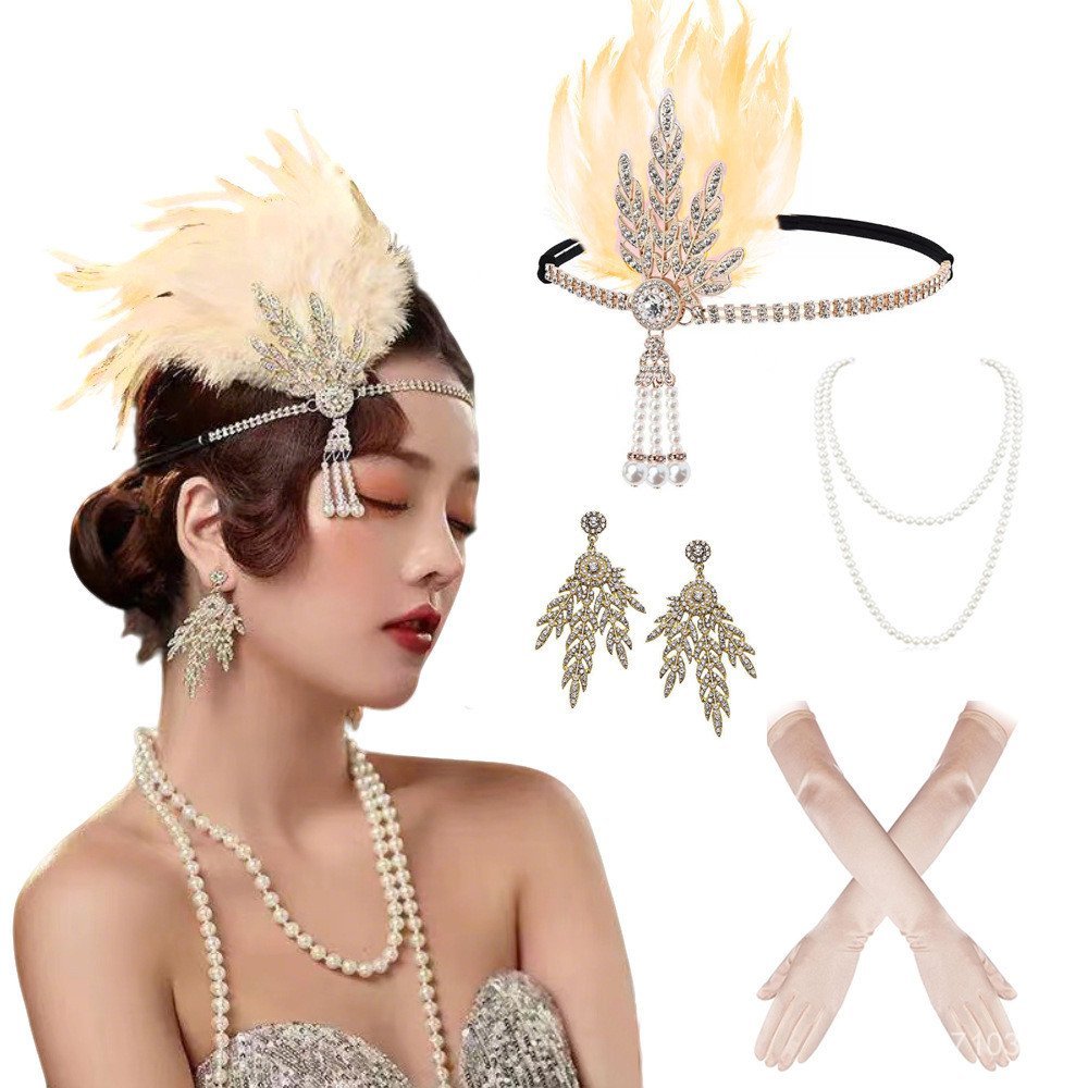 ชุดเครื่องประดับสไตล์ยุโรปอเมริกัน 1920s พร้อมสร้อยคอมีใบไม้ ต่างหูขนนก และชฎาแบบ Flapper BPB0
