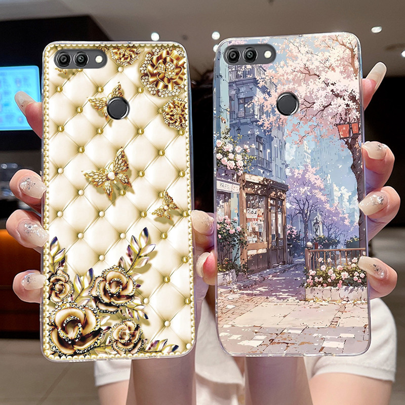 เคสโทรศัพท์สําหรับ Huawei Y9 2018 ใหม่ซิลิโคนอ่อนนุ่ม TPU เกราะป้องกันใสรูปแบบทาสีที่สวยงามดอกทานตะวัน Rose Rosy Clouds ปลอก