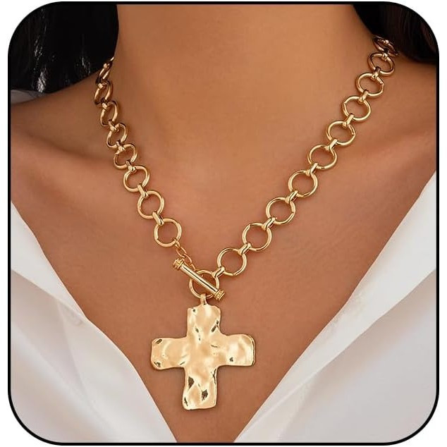 Atiptu Gold Chunky Cross Necklace for Women Statement Cross Pendant Necklace Layered Hammered Bold C