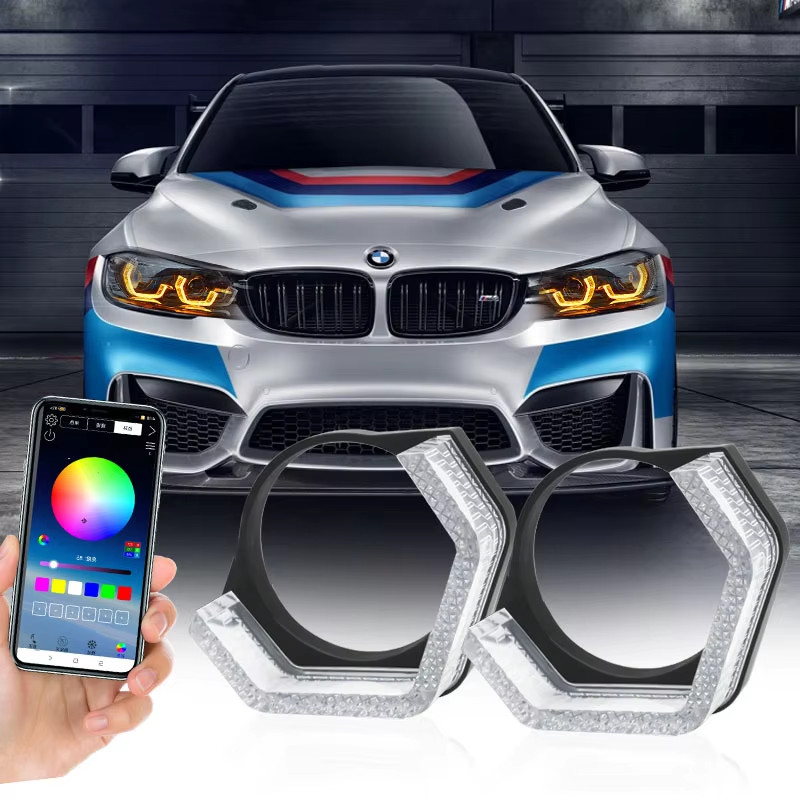 2.5/3 นิ้ว 5D RGB LED Angel Eyes Halo แหวนรูปสี่เหลี่ยมผืนผ้า DRL ครอบคลุมไฟเลี้ยว App ควบคุม Halo ส
