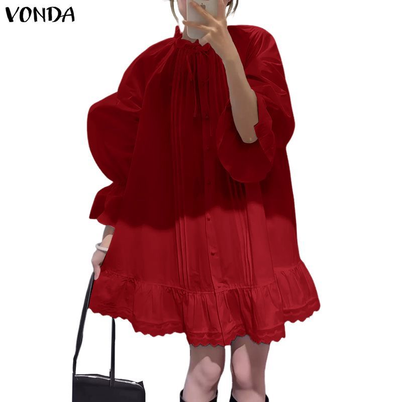 VONDA ชุดเดรสเกาหลีดีไซน์เก๋สำหรับผู้หญิง แบบคอกลมแขนยาว