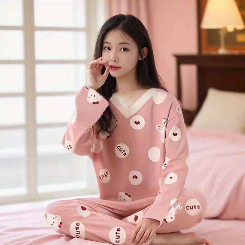 【11.11优惠大促】V领长袖睡衣女春秋季加大码睡衣女韩版可外穿女士睡衣家居服套装fadacai666.thfadacai666th20251107