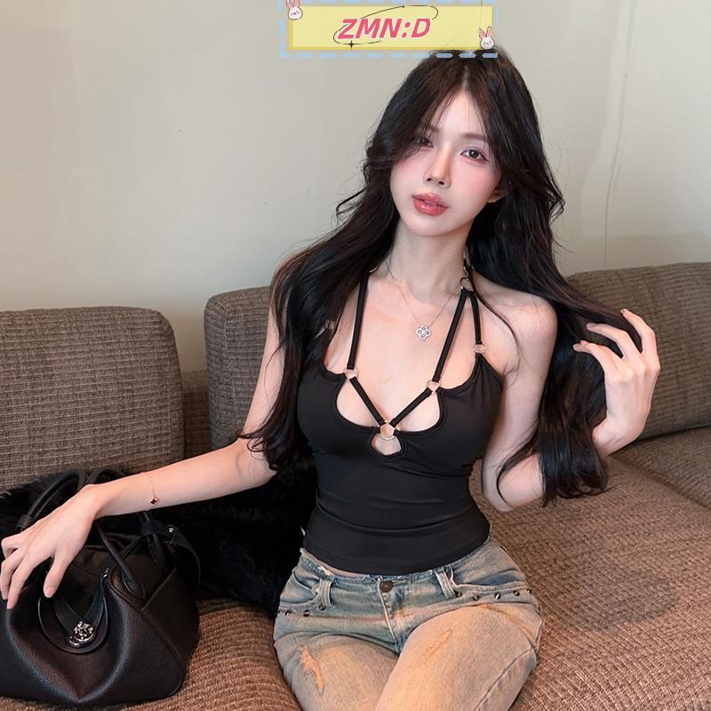 ZMN:D Halter คอ Camisole ผู้หญิงฤดูร้อนเซ็กซี่ Hollow V คอสีทึบ Sheath Tops RRT