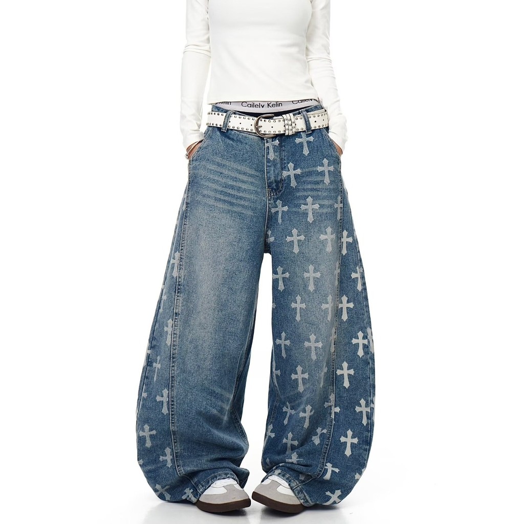 กางเกงยีนส์สีน้ำเงิน ลายอเมริกันย้อนยุค ขากว้าง สไตล์แฟชั่นสำหรับทุกคน