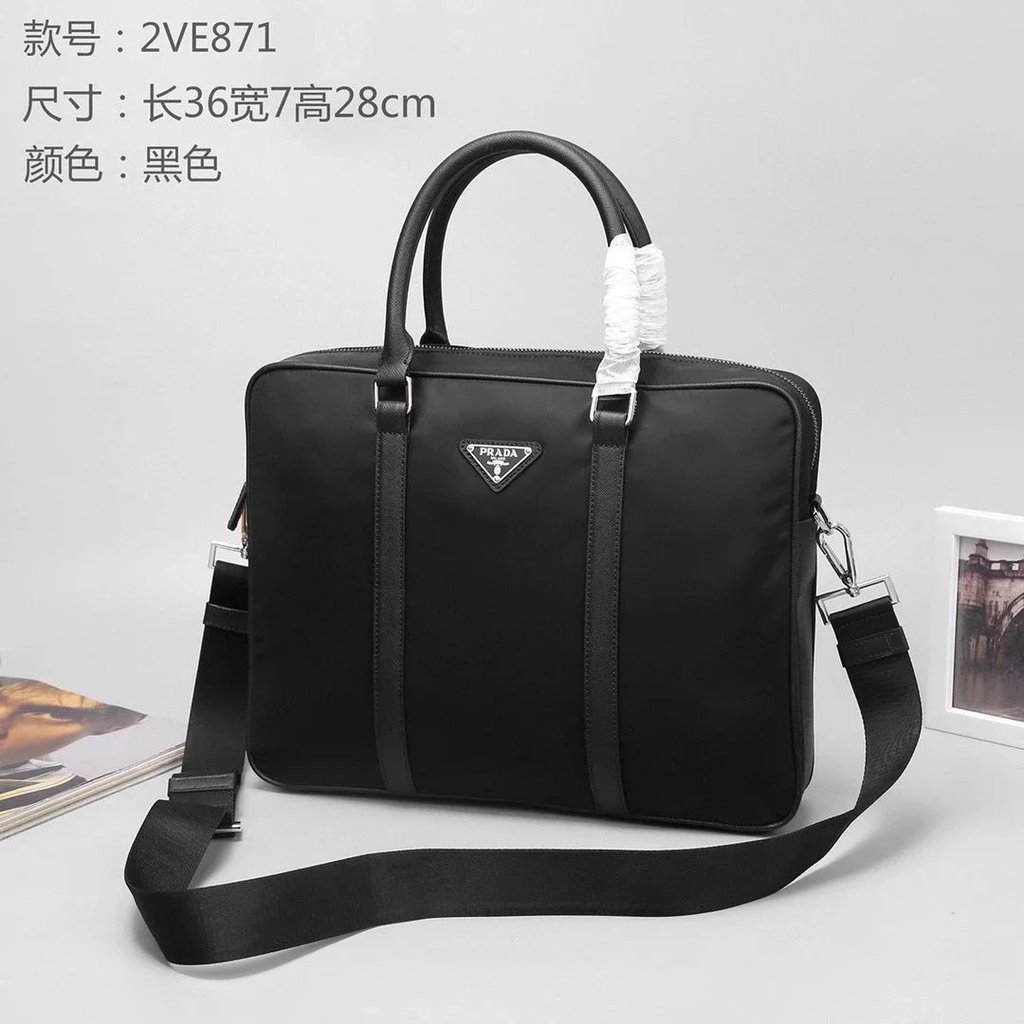Prada 2ve871 กระเป๋าถือ Prada PRAD สีดํา/กระเป๋าเอกสาร/กระเป๋าผู้ชายแนวทแยงเดี่ยวกระเป๋าคอมพิวเตอร์