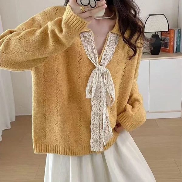 【11.11优惠大促】蕾丝系带蝴蝶结V领长袖针织毛衣开衫女秋季镂空宽松高级感上衣fadacai666.thfadacai666th20251109