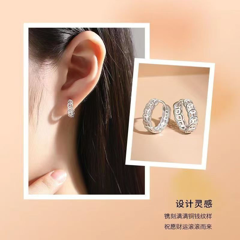 TB Spot Goods#Authentic S999Pure Silver Earrings for Women, Stylish Fortune-Attracting Copper Coin S