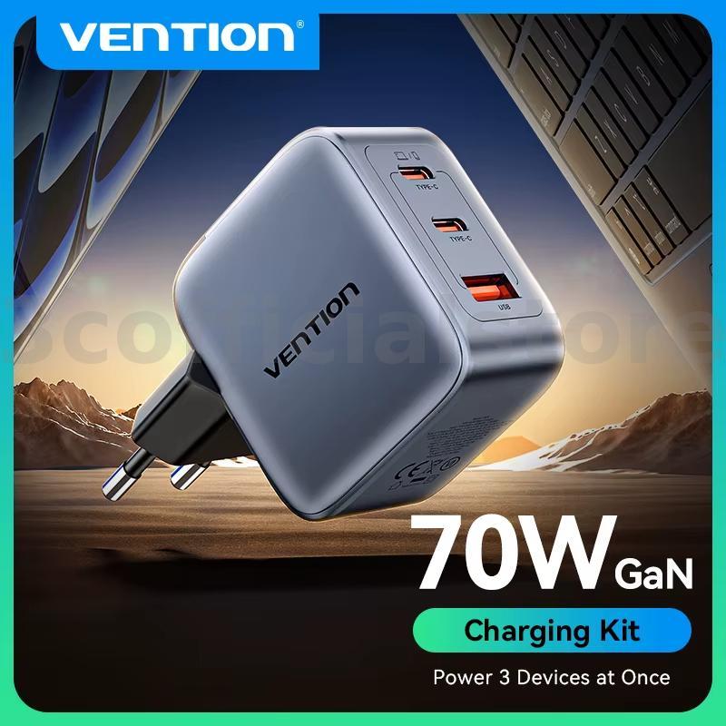 [GaN Tech] Vention 70W 3-Port USB PD Charger USB-A+2USB-C PD3.0 QC4.0 3.0 PPS AFC SCP Apple2.4A BC1.
