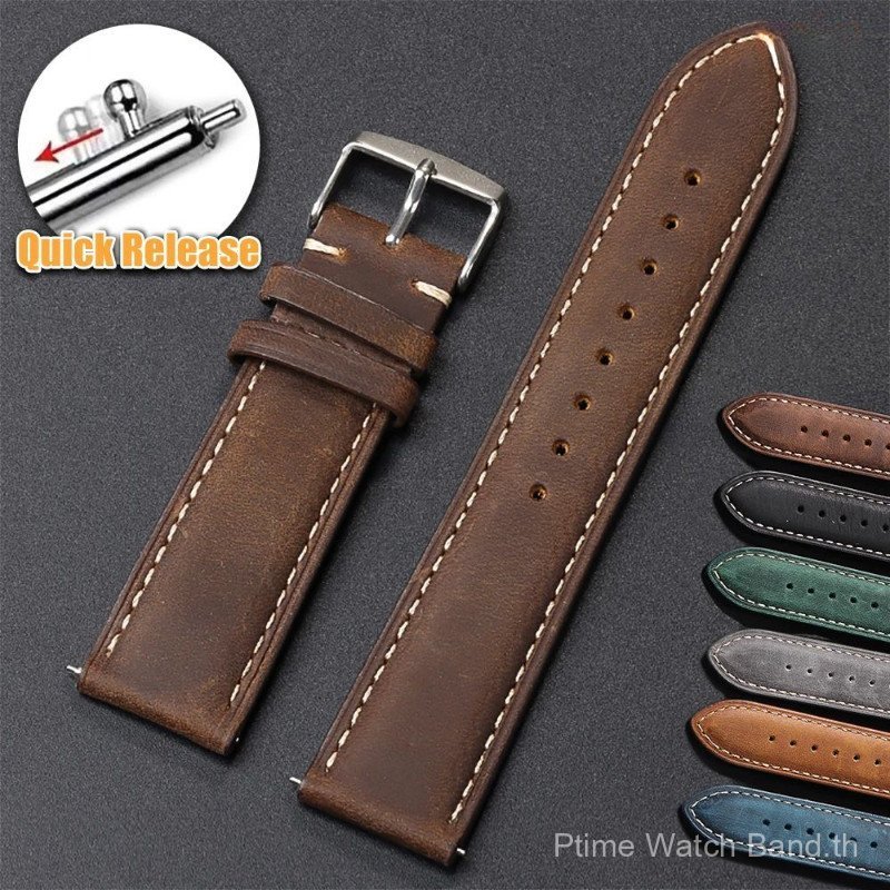 18/19/20/22/24 มม. Crazy Horse Cowhide สายหนัง Vintage สายหนังแท้นุ่ม Universal Quick Release Matte สายรัดข้อมือ