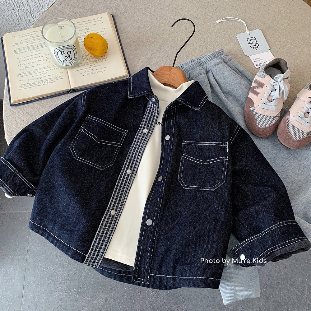 แจ็คเก็ตเดนิมบุขนฤดูหนาว Muye Huzhou Zhili เสื้อผ้าเด็กเสื้อแจ็คเก็ตหนาสไตล์เกาหลีสําหรับเด็กผู้ชาย