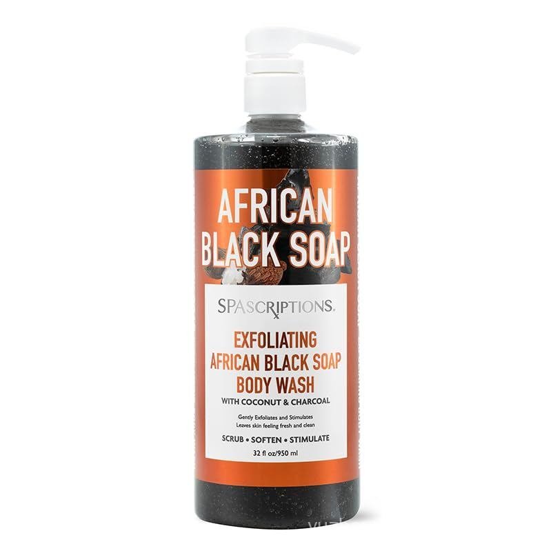 Spascriptions African Black Soap Exfoliating Body Wash with Coconut and Charcoal, Scrub, Soften, Sti