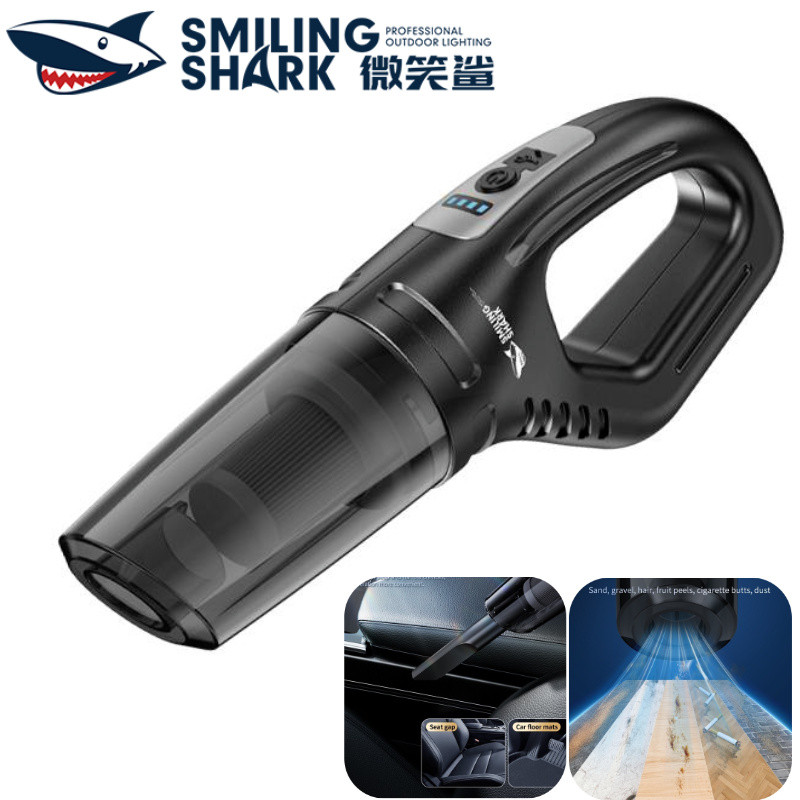 SMILING SHARK เครื่องดูดฝุ่นขนาดเล็กแบบพกพาในรถยนต์เครื่องดูดฝุ่นทรงพลัง 2 + 1 หัวดูด Type-c ชาร์จทํ