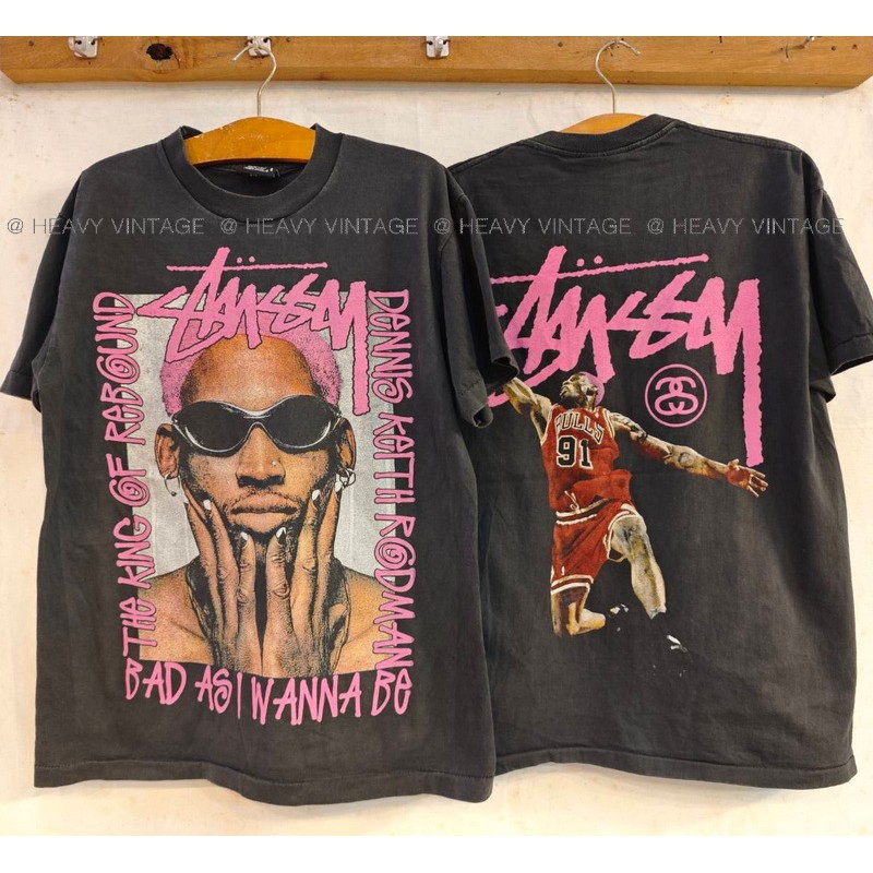 Stüssy X Rodman Bio Washed tag Stussy USA เสื้อวินเทจ เสื้อลายนักบาส heavy vintage shirt