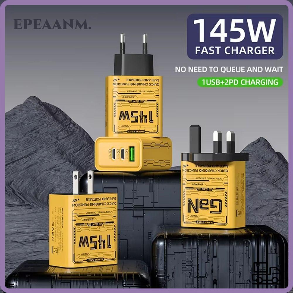 EPEAA อะแดปเตอร์ชาร์จโทรศัพท์, USB A + C PD QC3.0 145W GaN ปลั๊กชาร์จ, EU/US/UK 3 พอร์ต Fast Chargin