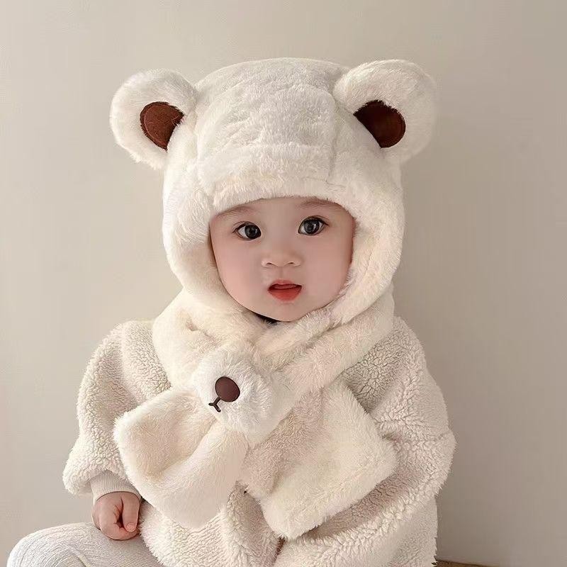 หมีหูเด็กพร้อมผ้าพันคอและหมวก ออกแบบให้อบอุ่นและป้องกันลม เหมาะสมในฤดูหนาว