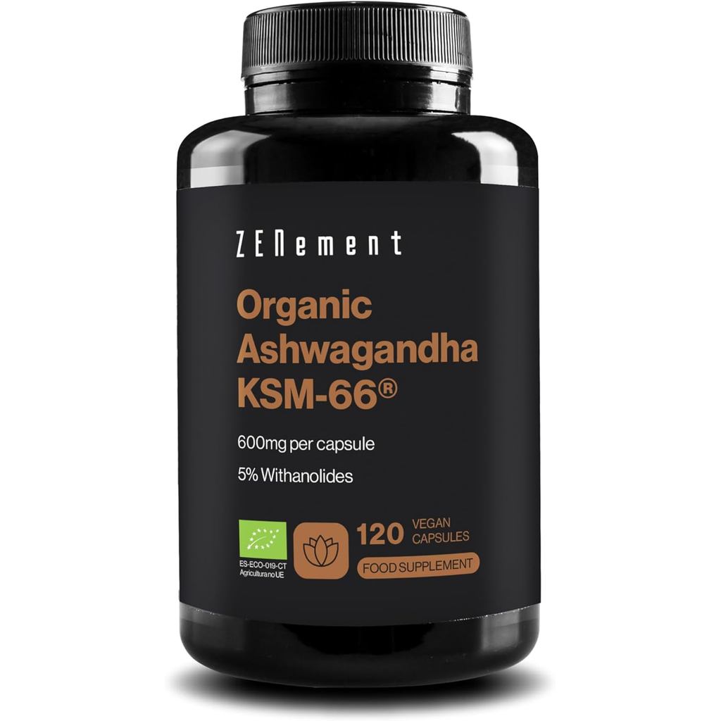 แอชวากันดาออร์แกนิก K-66® ด้วย 5% ด้วยทางชีวภาพ | 600มก. x 120 แคปซูลมังสวิรัติสารสกัดจากราก Ashwaga