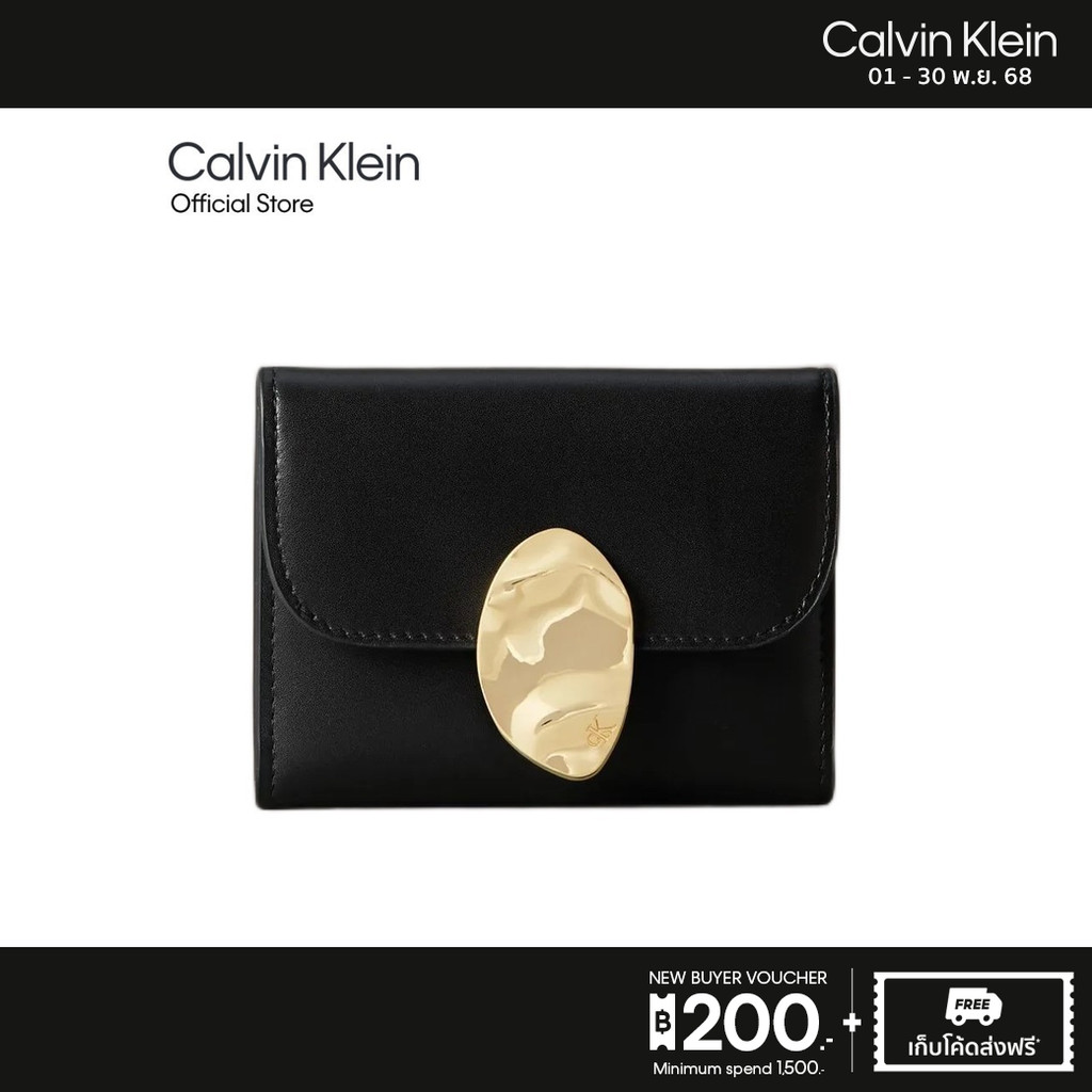 CALVIN KLEIN กระเป๋าสตางค์ผู้หญิงหนังแท้ Stone Lock Slouchy Wallet รุ่น 4F1062G UB1 - สีดำ