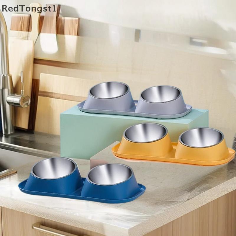 [rtg] 1 ชิ้นสแตนเลสคู่แมวสุนัขชามแมวภาชนะบรรจุอาหารแมวฐานกันลื่นสัตว์เลี้ยงป้อนน้ําเอียง เซฟการ์ด คอ