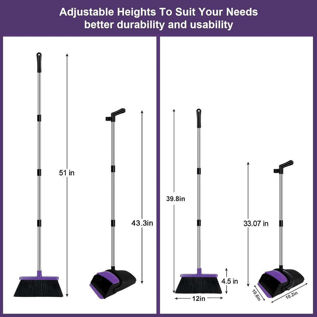 Broom with Dustpan Combo Set, 51" Household Dustpans and Broom, Standing Dust Pan Set for Home, Purp