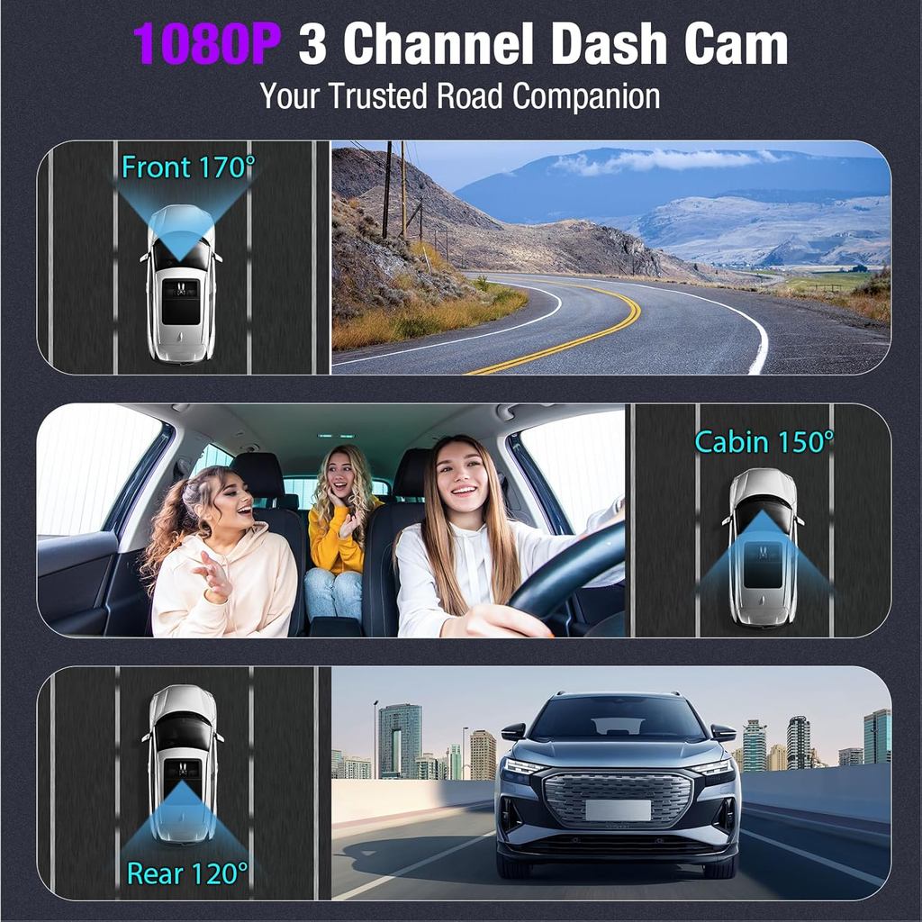 3 Channel 4K Dash Cam with 5GHz WiFi & APP Control, 4K/2.5K+1080P+1080P Front Inside and Rear, Tripl