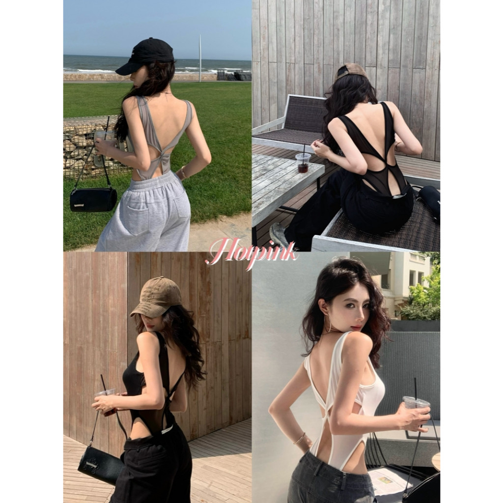 Hotpink ส่งจาก Bangkok🔥พร้อมแผ่นรองหน้าอก  Kink Halter Camisole Slim-fit Design  รู้สึกสาวร้อนด้านนอกสีเทา  Jumpsuit - รูปที่ 4