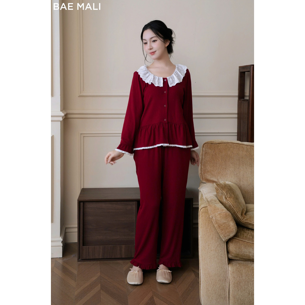 BAE MALI - SP1031 ชุดอยู่บ้านผ้าฝ้ายสีแดงคอปกลูกไม้
