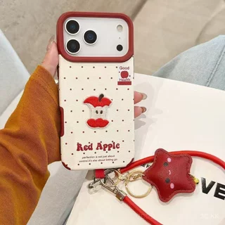กันกระแทก iPhone ลายสก็อตและลายจุดกับแอปเปิ้ลและส้มปัก พร้อมสายคล้องมือ สำหรับ 17/16/15/14/13 Pro Max