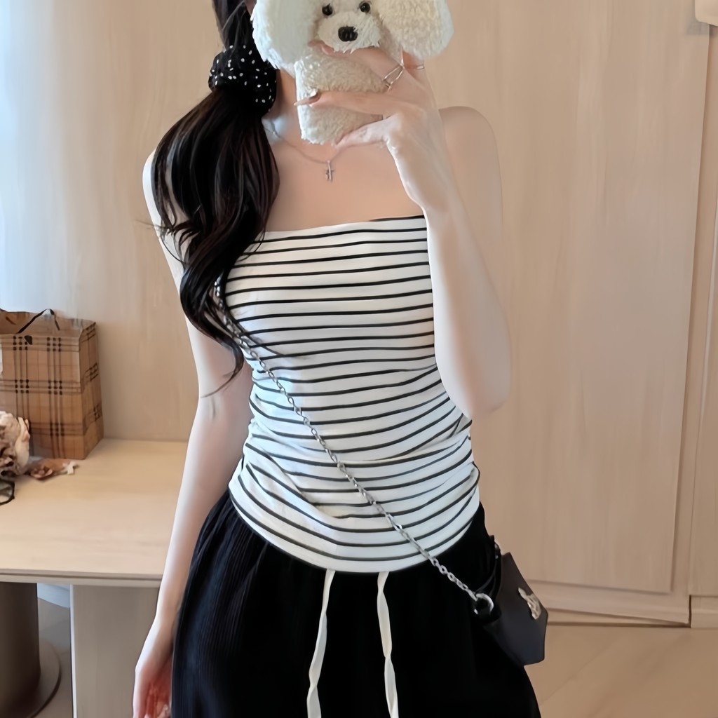 SuSu สายเดี่ยว ใส่สบาย ผ้ายืด ลายเส้น ด้วยฟองน้ำ ผ้านุ่ม ครอปแขนสั้น ราคา ถูกที่สุด ดีลบีเคเค แกลเลอรีภาพที่ 9