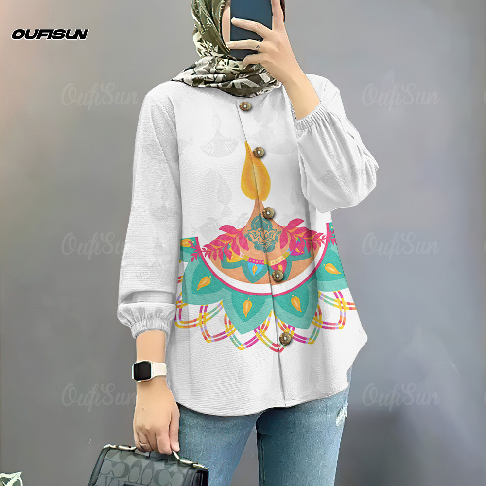 2026 Baju Raya มุสลิมเสื้อผู้หญิง Baju รอบคอปุ่มลงเสื้อสําหรับผู้หญิง Diwali เสื้อแขนยาวสําหรับผู้หญ