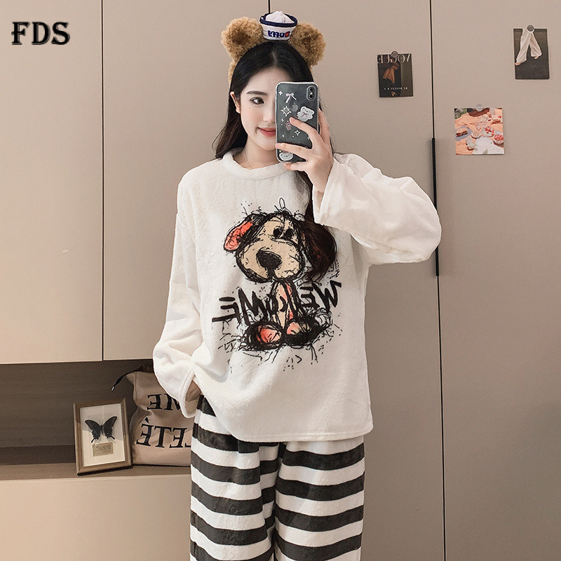 FDS Flannel สุภาพสตรีฤดูใบไม้ร่วงฤดูหนาวรอบคอการ์ตูนแขนยาวชุดนอนนักเรียนสาวน่ารักหลวม UDKB DJUG