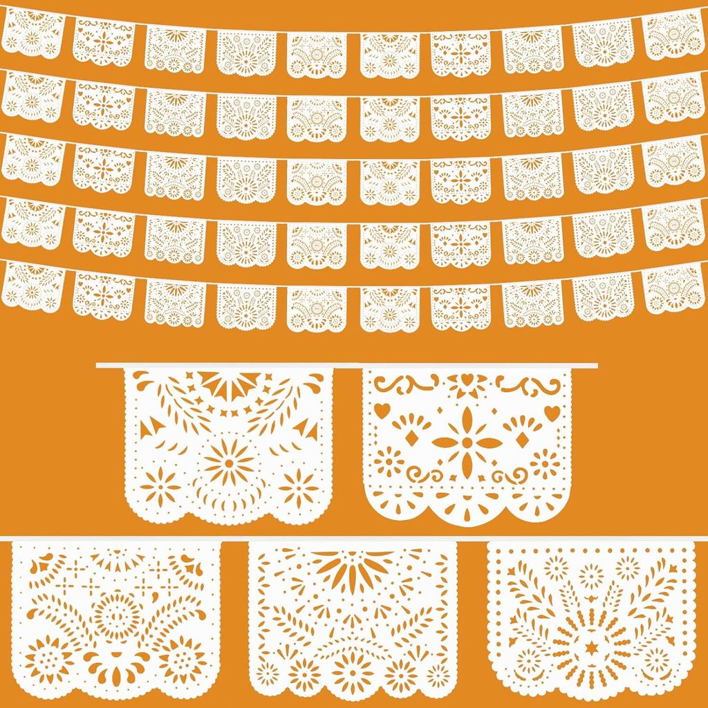 AerWo 5 Pack Papel Picado แบนเนอร์ตกแต่งเม็กซิกันสีขาว, แบนเนอร์เม็กซิกัน ​Cielito Lindo Party ตกแต่