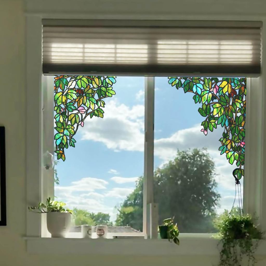 Original Hand Drawn Faux Stained Glass หน้าต่างแขวน Cling,สีเขียว Stained Glass Window ฟิล์มตกแต่งใบ