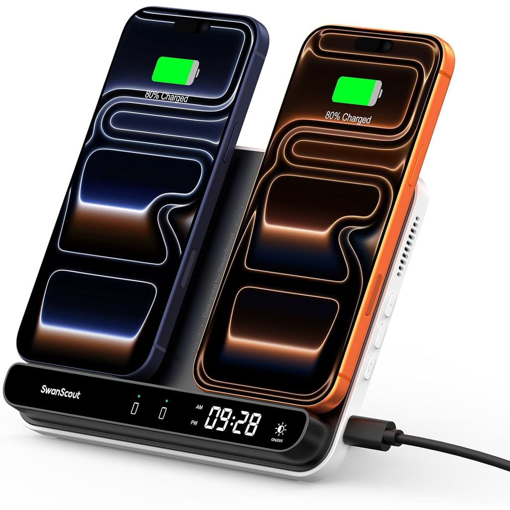 Dual Wireless Charger Stand, SwanScout 504, Foldable Wireless Charging Station Pad for iPhone Air/17