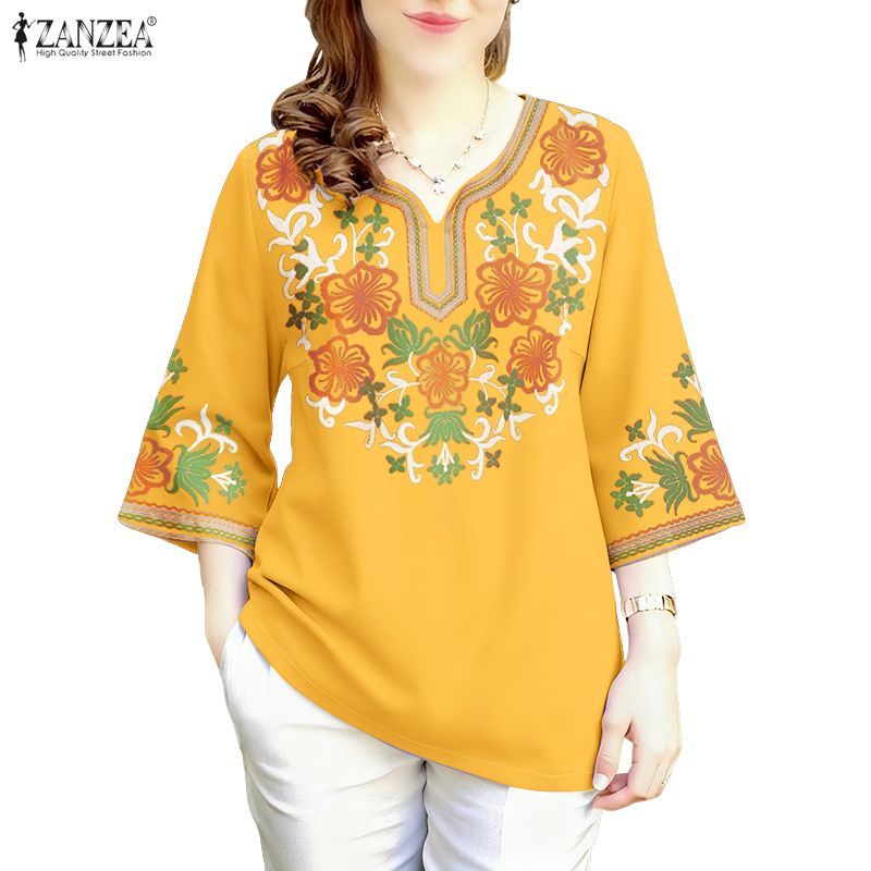 ZANZEA เสื้อเบลาส์คอกวี แขน 3/4 พิมพ์ลาย flora สำหรับผู้หญิง สไตล์เกาหลี ทรงหลวม ราคา ถูกที่สุด ดีลบีเคเค แกลเลอรีภาพที่ 4